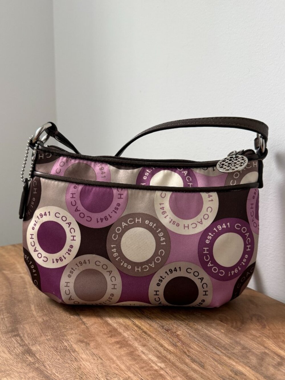 COACH Alexandra Snaphead Op Art Circle Sateen Crossbody Shoulder Bag Purple